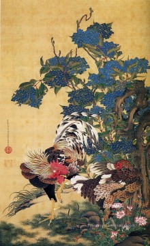 coq et poule avec des hortensias ITO Jakuchu japonais Peinture à l'huile